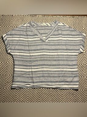 Blue white stripe 100% linen flowy blouse size L